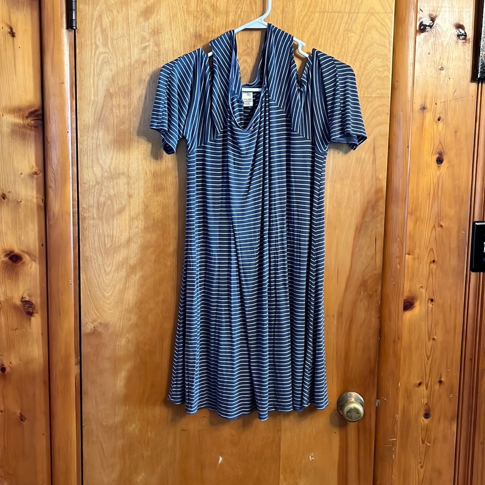 Grey And White Striped Cold Shoulder Dress